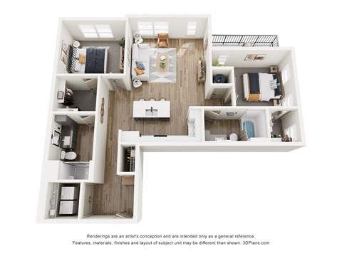 A 3D floor plan of a house with a kitchen, living room, and two bedrooms.